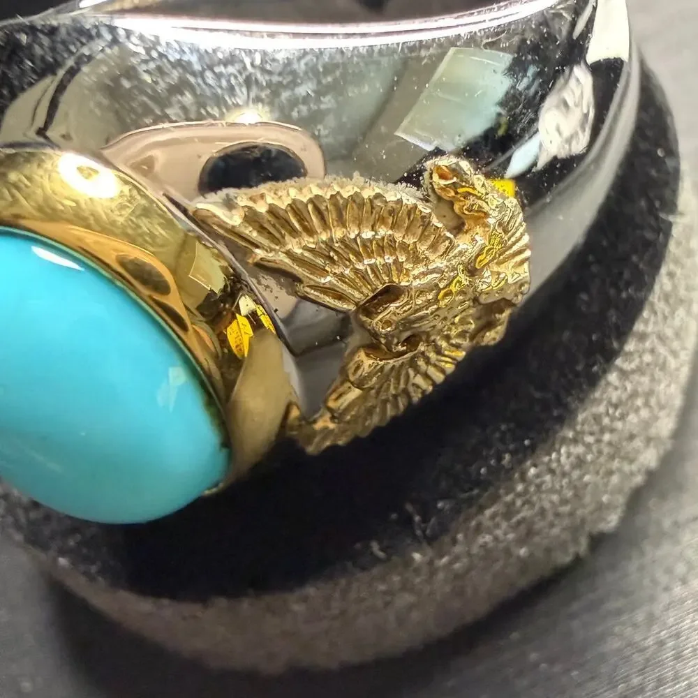 Solid 925 Sterling Silver And Solid 10k Yellow Gold Turquoise Stone Size 10 Ring